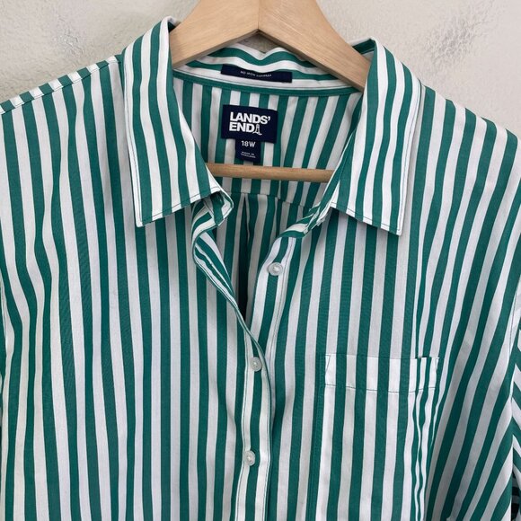 Lands End Womens Plus 18W No Iron Supima Cotton Green White Striped Shirt Blouse - Picture 8 of 10
